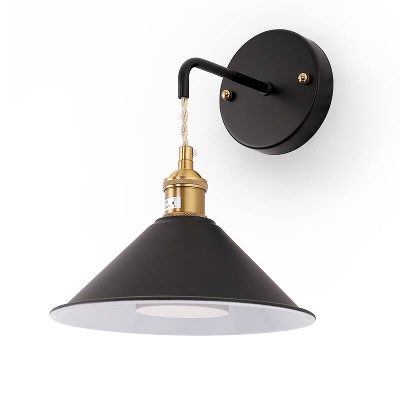 Black Wall Sconces Set of 2 with Cone Shade, E26 Rechargeable Light, Battery Operated, Remote Control - 8.85*8.85*11.4