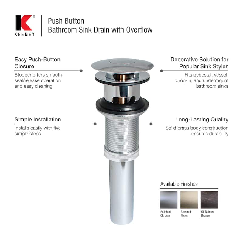 Keeney Push Button Bathroom Sink Drain with Overflow - N/A