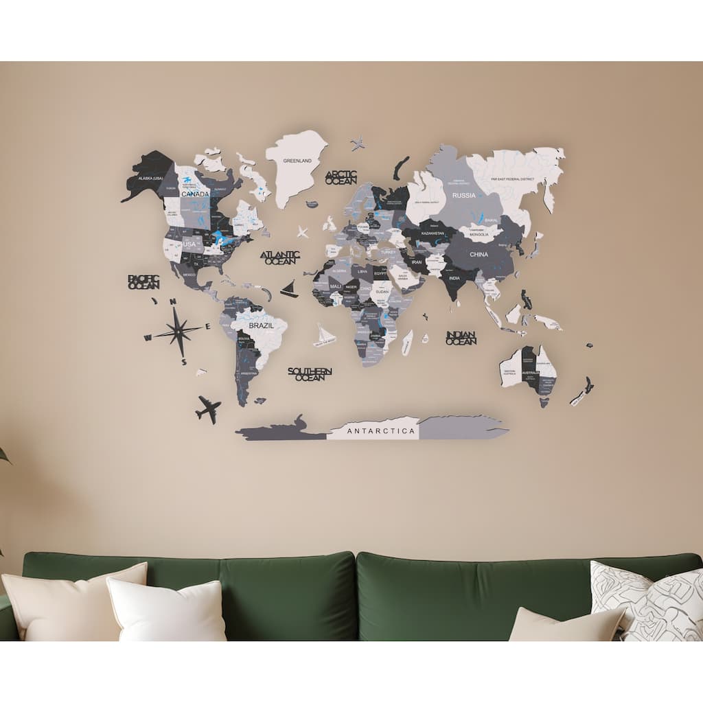 HomeRoots 35" X 59" Black Gray and White Wood World Map Hanging Dimensional Sculpture