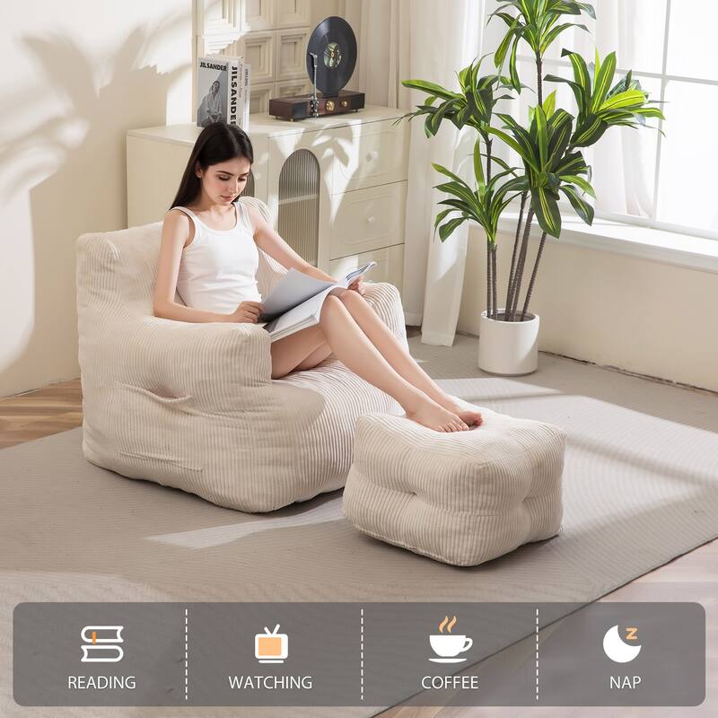 Corduroy Memory Foam bean bag Sofa With Ottoman