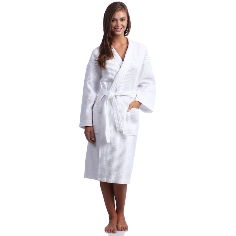 Classic White Turkish Cotton Waffle Weave Kimono Cotton Robe - Hotel Spa and Shower Bathrobes
