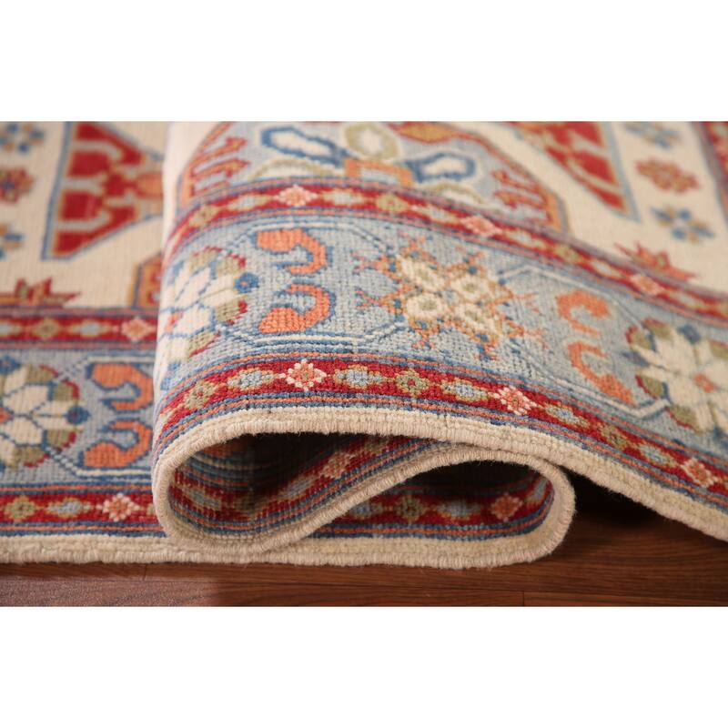 Ivory Geometric Kazak Oriental Accent Rug Handmade Wool Carpet - 3'5"x 4'11"