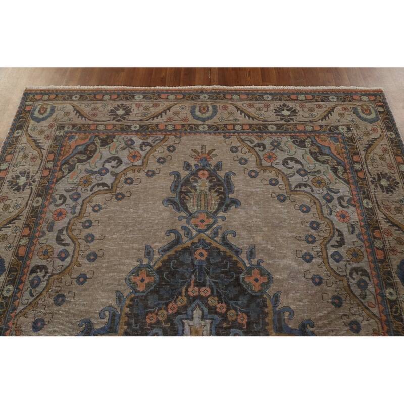 Over-Dyed Brown Tabriz Persian Vintage Rug Hand-Knotted Wool Carpet - 6'5"x 9'9"