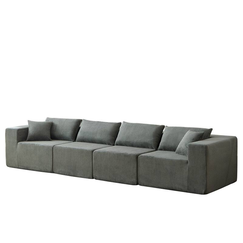 Corduroy Convertible Sectional Cloud Sofa, Foam-Filled Compressed Boneless Sofa, Modular L Shaped Floor 4 Seat Sofa