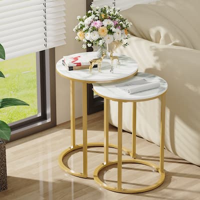 Gold Round Nesting Side Table with Sintered Stone Tops