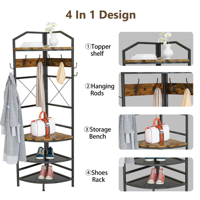 Corner Hall Tree with Shoe Storage,Entryway Coat Rack with 6 Double Hooks, Organizer Shoe Shelf for Entryway, Hallway, Bedroom
