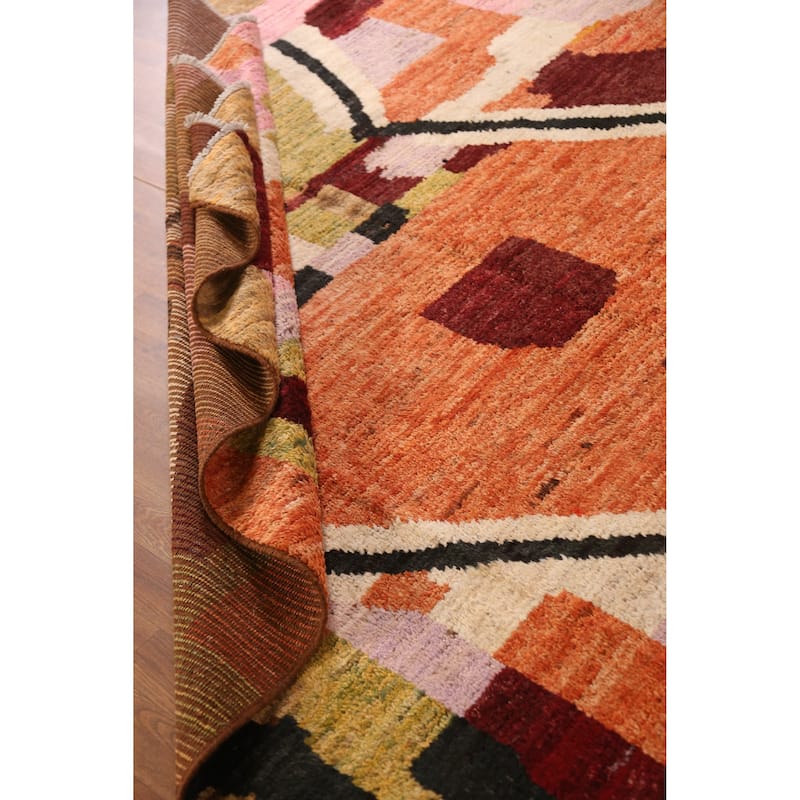Geometric Moroccan Oriental Area Rug Orange Hand-Knotted Wool Carpet - 7'1" x 9'8"