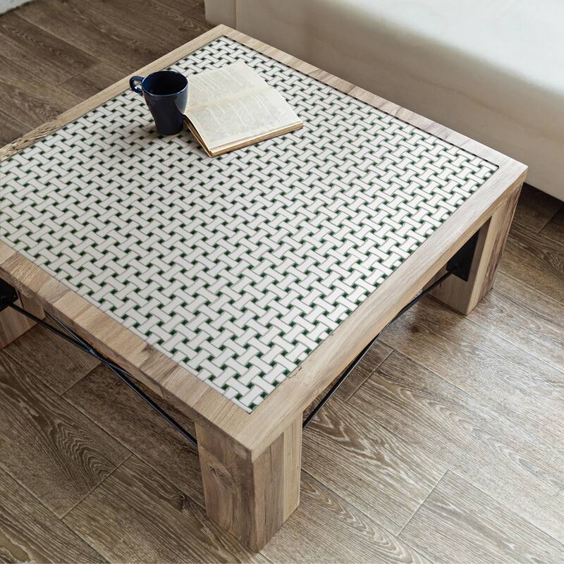 Merola Tile Metro Ion Dog Bone Basketweave Emerald Dot w/Matte White 10" x 10" Porcelain Mosaic Floor and Wall Tile