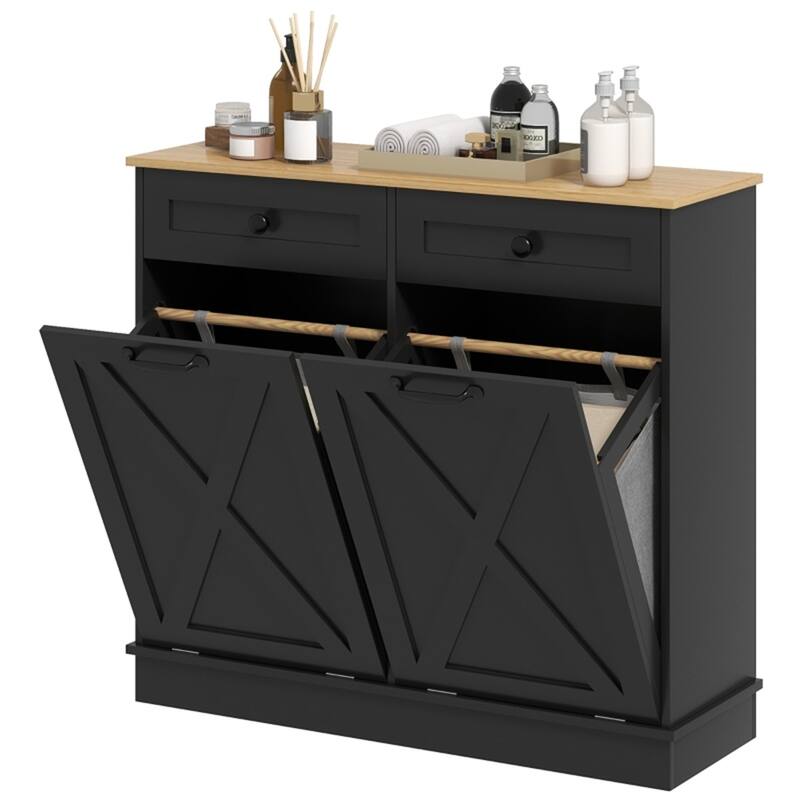 Black Tilt-Out Laundry Cabinet with Dual Hampers & Top Drawers MDF, Compact, Multi-Use - 39.4" L x 13" W x 35.4" H