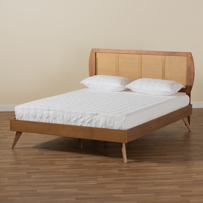 Mid-Century Modern Walnut Brown Wood and Rattan Full Platform Bed with Angled Legs for Retro Style