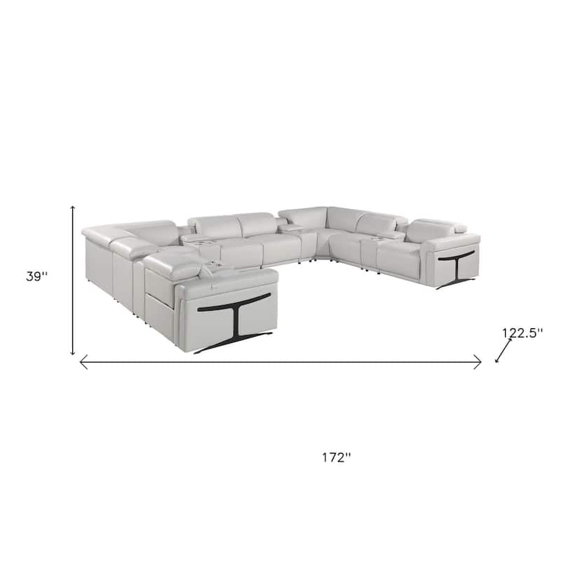 HomeRoots Light Gray Italian Leather Power Reclining U Shaped Twelve Piece Sectional With Console