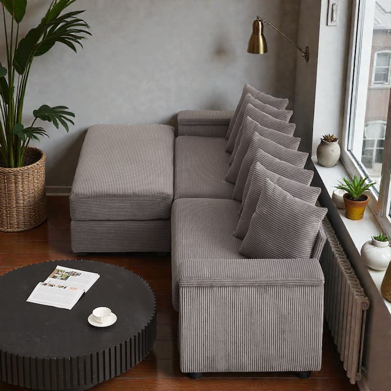 Oversized L Shaped Sectional Sofa with Chaise, Corduroy Upholstered Couch with Armrest Storage and Ottoman