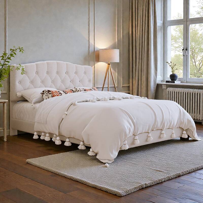 Upholstered Platform Bed with Adjustable Saddle-Curved Diamond Tufted Headboard, Wooden Slats and Metal Support