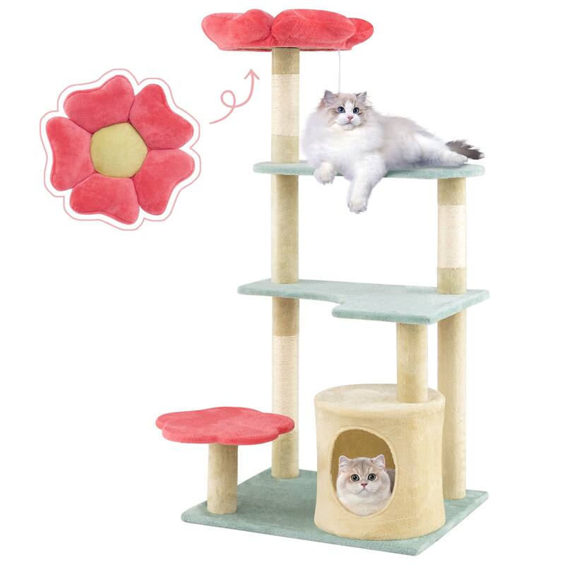 Plush Sisal Multi-Layer Cat Tree with Flower Perch and Condo - 24" L x 19" W x 49" H