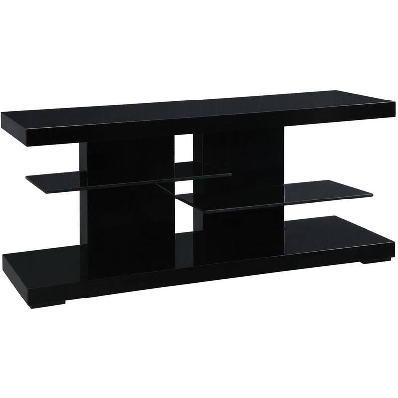 Modern Chic Design Glossy Black Display TV Console with Black Tempered Glass Shelves