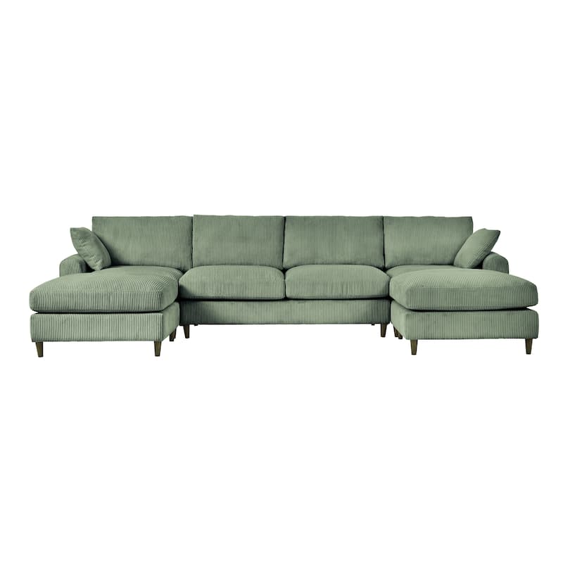 Roomfitters Modern Corduroy Modular Sectional Sofa, U-Shaped Convertible 6-Seat Sofa Set with Footstool and Pillows, Olive Green