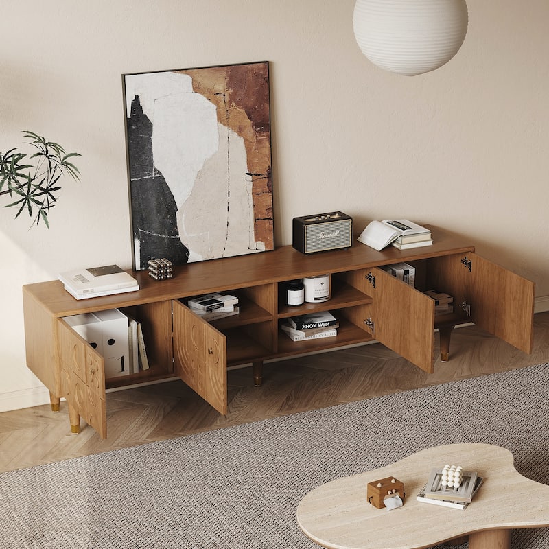 78.74" Mid-Century Modern TV Stands, Wood Media Console with Cabinets, Tall-Cast Legs