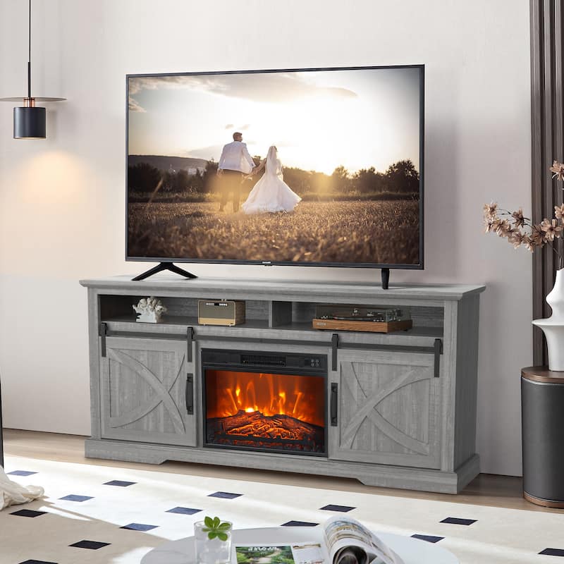 68" Farmhouse Sliding Barn Door Fireplace TV Stands Console Table with 23" Electric Fireplace - Grey