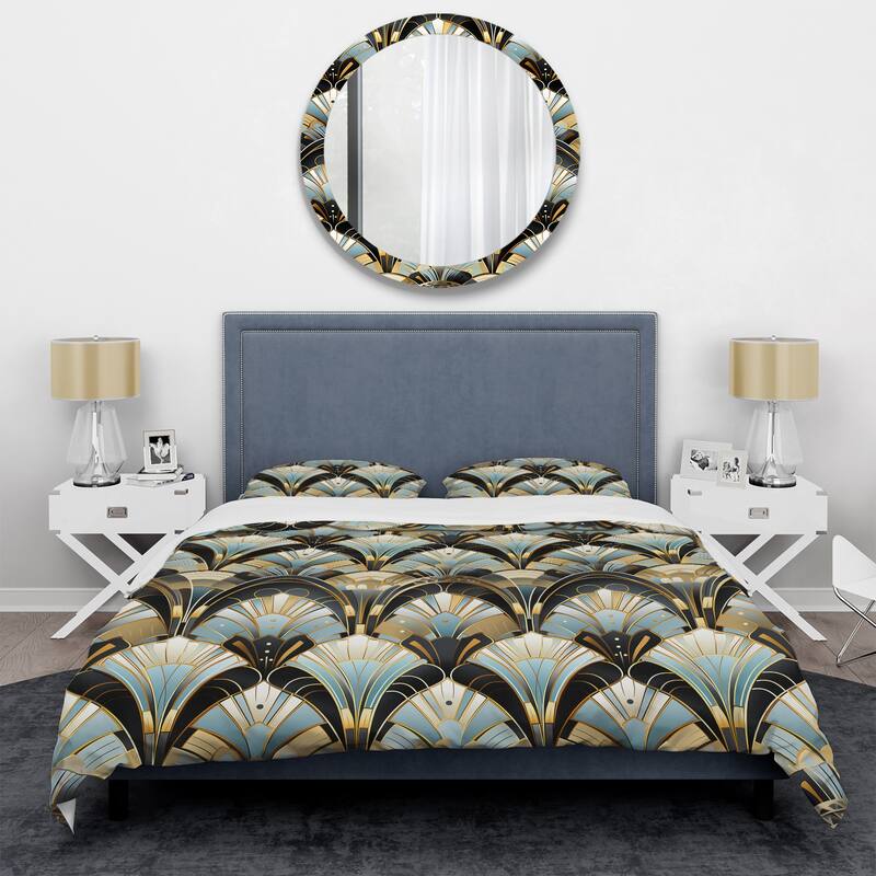 Designart "1970S Blue And Gold Damask Art Deco I" Gold Damask Bedding Set With Shams