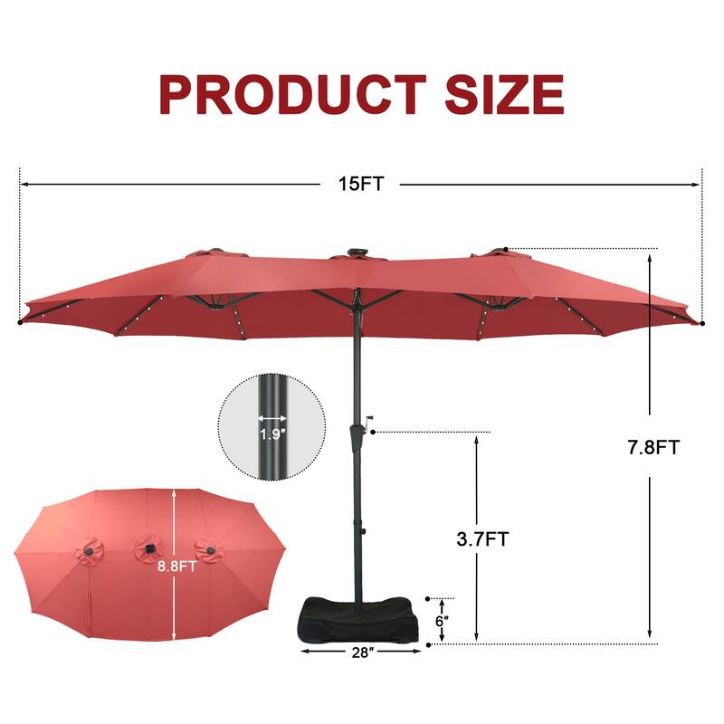 Autlaycil 15ft Retangle Patio Umbrella with Solar Lights & Base
