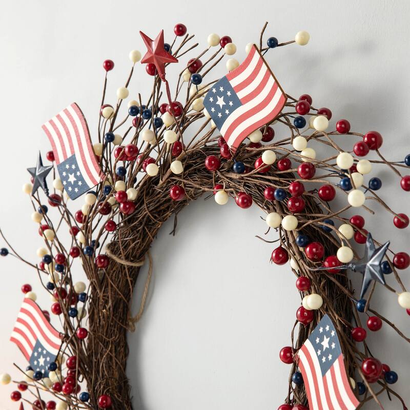 Glitzhome 22"D Artificial Patriotic Americana Flag and Berry Wreath