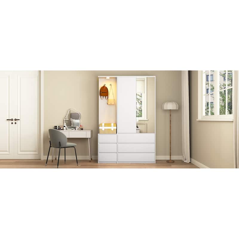 Wardrobe Armoire Closet with 2 Doors, White Clothing Storage Cabinet with 6 Drawers and Hanging Rail
