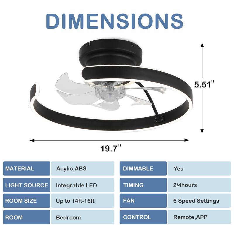 Bella Depot Black Flush Mount Ceiling Fan with Dimmable Light, 6-Speed Reversible Ceiling Fan with APP and Remote Control
