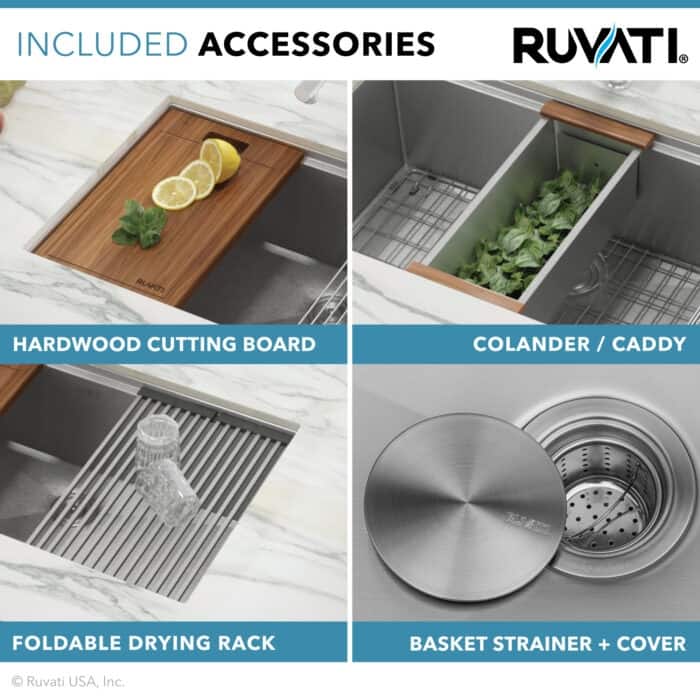Ruvati 28-inch Workstation Sink 60/40 Double Bowl Undermount Low Divide 16 Gauge Stainless Steel - 28" x 19″