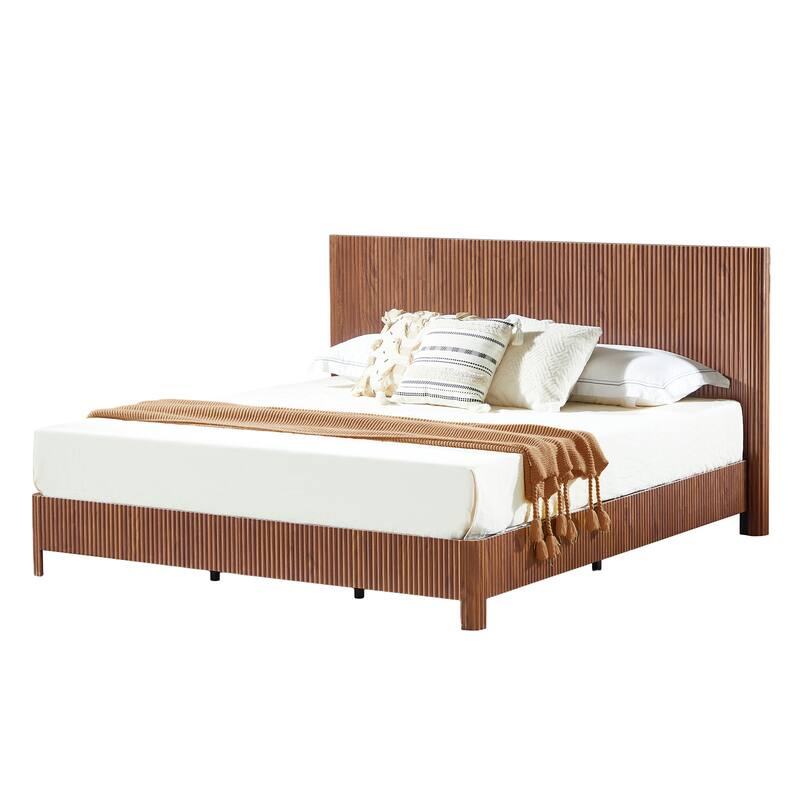 Wooden Corrugated Bed Frame Contemporary Rustic Platform Bed with 44.5" High Headboard/Metal Tubes Support/No Box Spring Needed