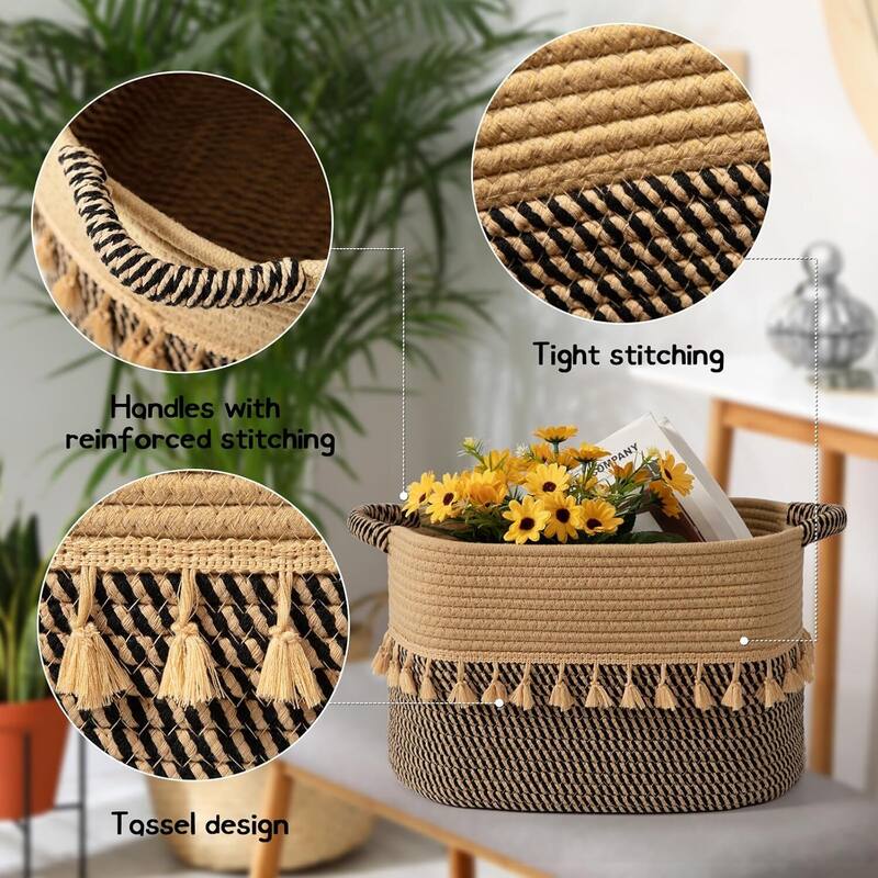 Woven Storage Bin Set of 3, Cotton Rope Basket for Storage - 14.56"D x 6.69"W x 10.63"H