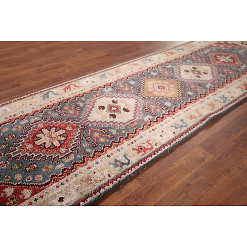 Gray Geometric Kazak Indian Runner Rug Hand-Knotted Wool Carpet - 2'6"x 8'2"