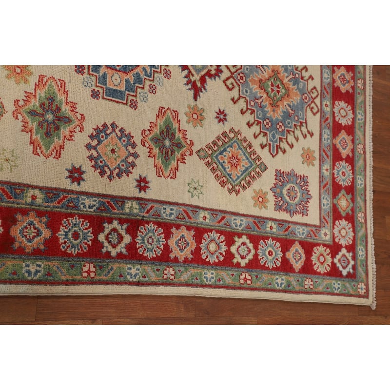 Red Geometric Kazak Area Rug Handmade Oriental Wool Carpet - 4'0" x 6'0"