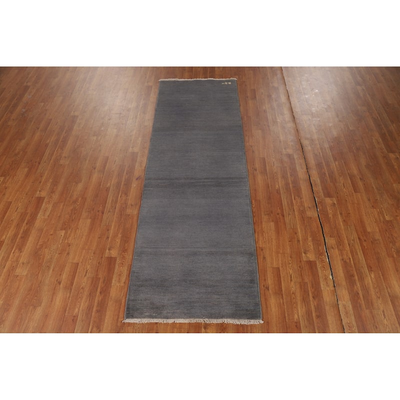 Modern Gray Gabbeh Oriental Runner Rug Hand-Knotted Wool Carpet - 2'9"x 8'2"