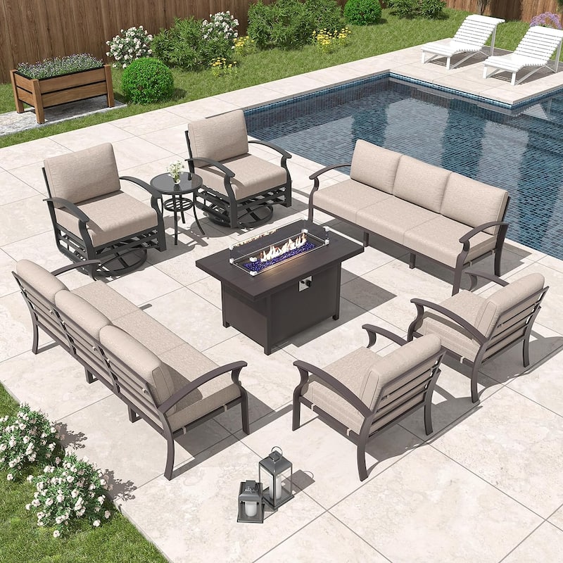 Kullavik Aluminum Outdoor Patio Furniture with Curved Armrests & Firepit Table - 10 seats w/FirePit - Khaki