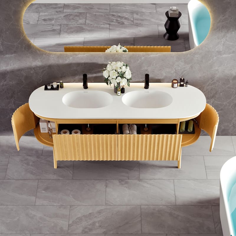 Haven 71"W DS Oak Freestanding Bath vanity with Integrated Sinks