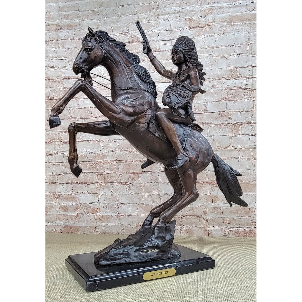 War Chief Native American Bronze Statue Sculpture Western Art Marble Base 24 Inches X 23 Inches