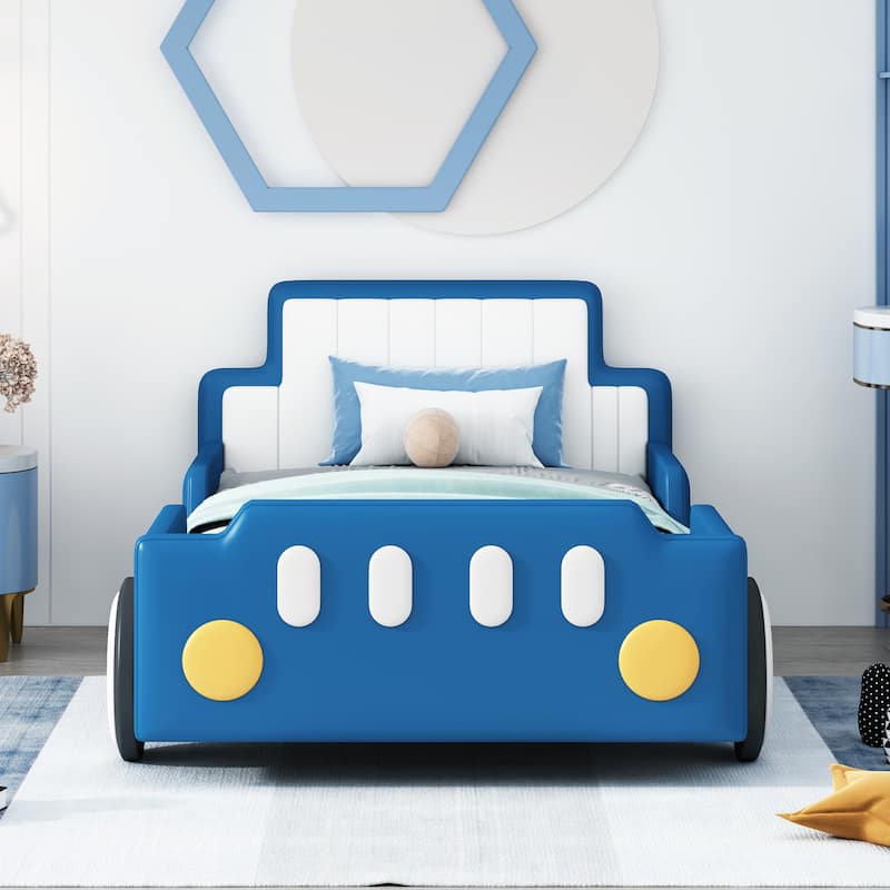 Race Car-Shaped Twin Platform Bed with Wheels, Blue