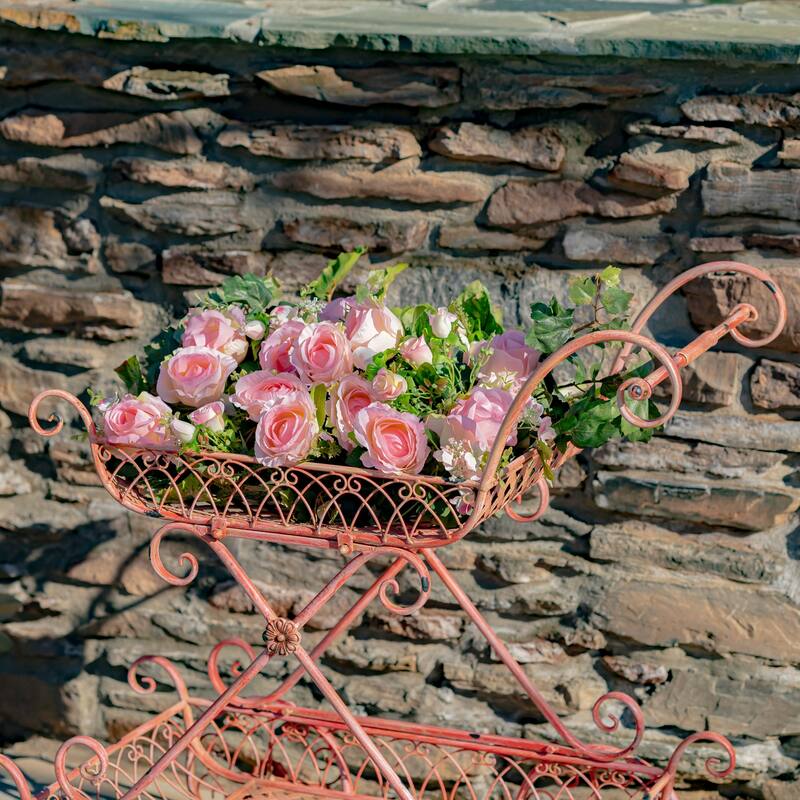 Two Tier Iron Flower Push Cart in Flamingo Pink "Odesa 1794" - 21.65x33.85x36.61