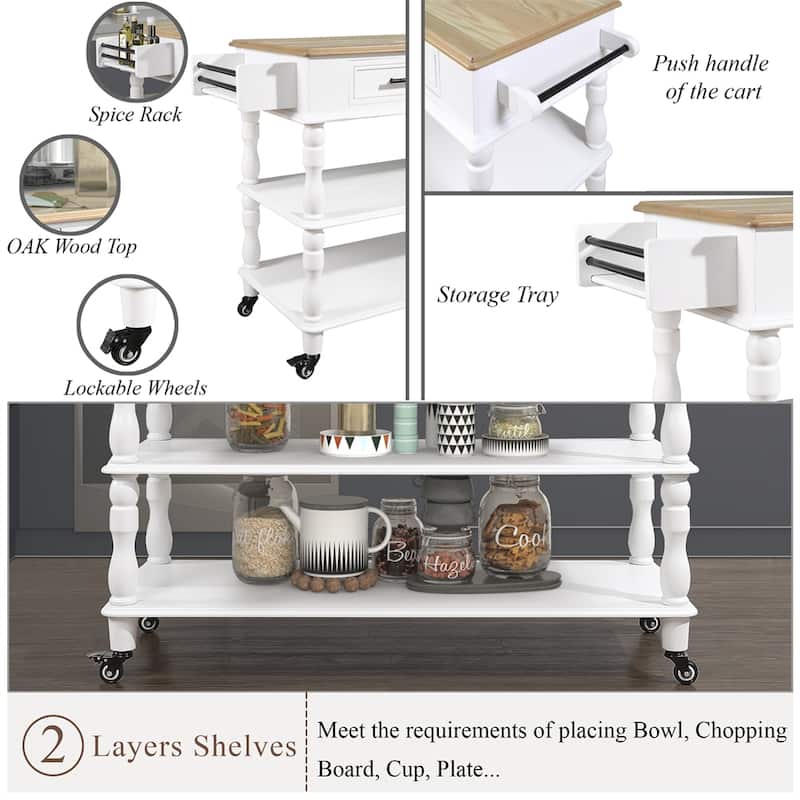 Rolling OAK Wood Top Kitchen Cart with Wine Rack and 2 Drawers