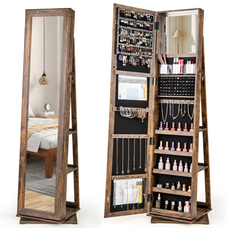360 Degree Rotating Jewelry Armoire with Full Length Mirror Lockable Cabinet and Storage Shelves Organizer - 17" x 15" x 62.5"