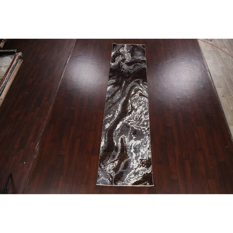 Wool/ Silk Modern Vegetable Dye Abstract Oriental Runner Rug Handmade - 3'0" x 12'3"