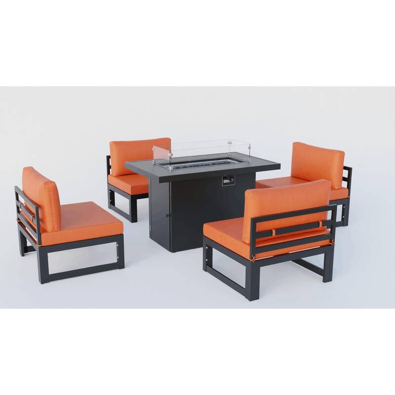 LeisureMod Chelsea 5-Piece Outdoor Patio Chairs and Fire Pit Table Set