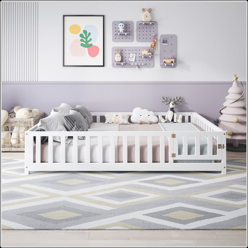 Full Size Floor Platform Bed with Fence and Door for Kids - White
