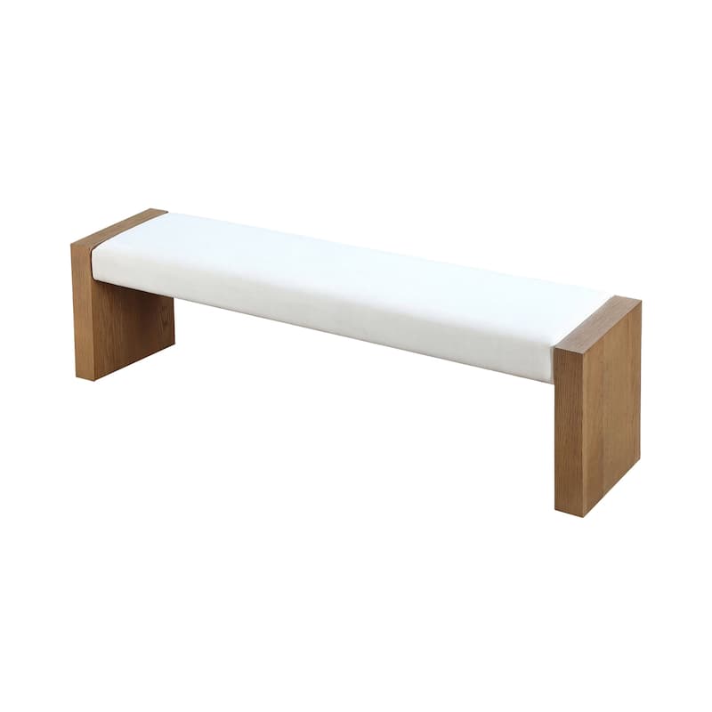 Rux 68 Inch Dining Bench, White Upholstery, Grain Details, Brown Wood