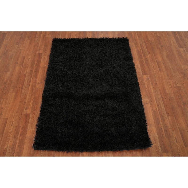Hand Knotted Oriental 100% Wool Carpet Modern Contemporary Black Shaggy Area Rug - 5' 9'' X 3' 11''