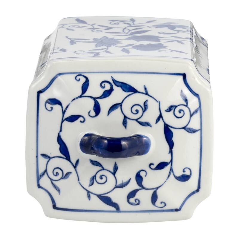 Sagebrook Home 8" Ceramic Box Jar - A Contemporary Piece with Classic Blue & White Chinoiserie Floral Design.