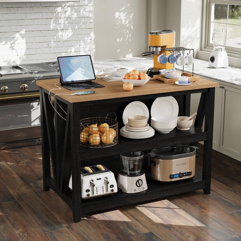 Large Kitchen Island with Storage, Dining Table Set with Power Outlet & LED Lights, 47.2" Coffee Bar Table - Black