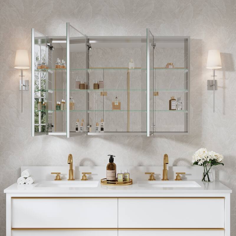 44"W X 30'H Bathroom Recessed or Surface Wall Mount Medicine Cabinet With Adjustable Glass Shelves