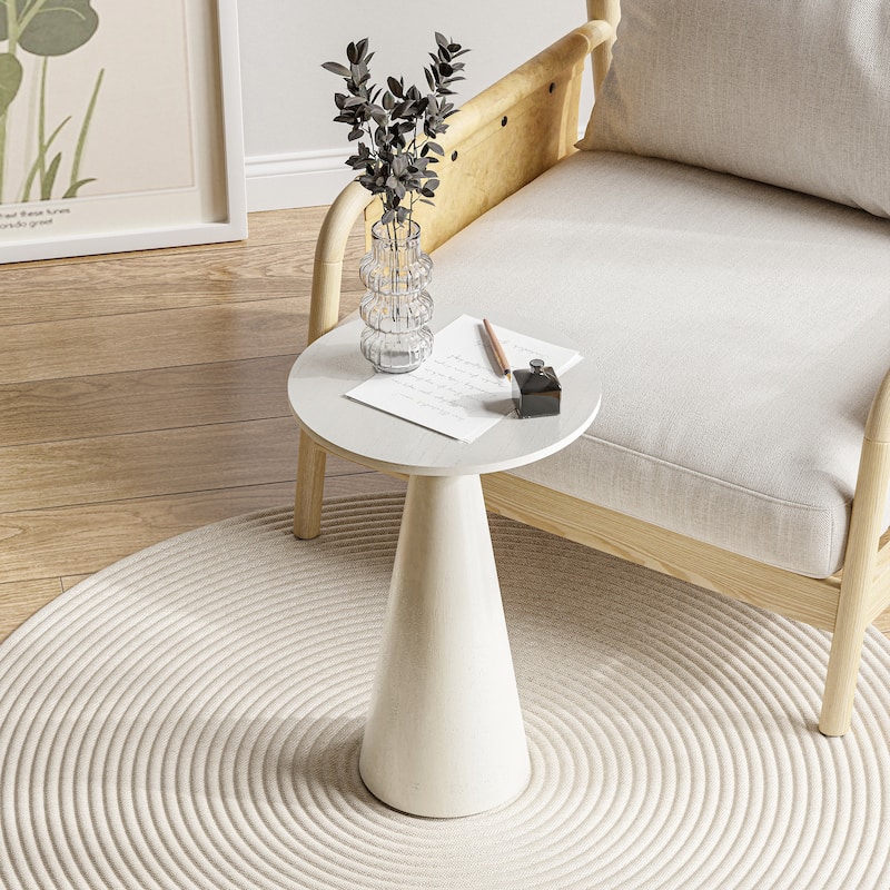 COZAYH Farmhouse Pedestal End Table, Round Martini Table Wood Plant Stand Rustic Small Drink Table for Living Room, Bedroom - Smooth Cone - White