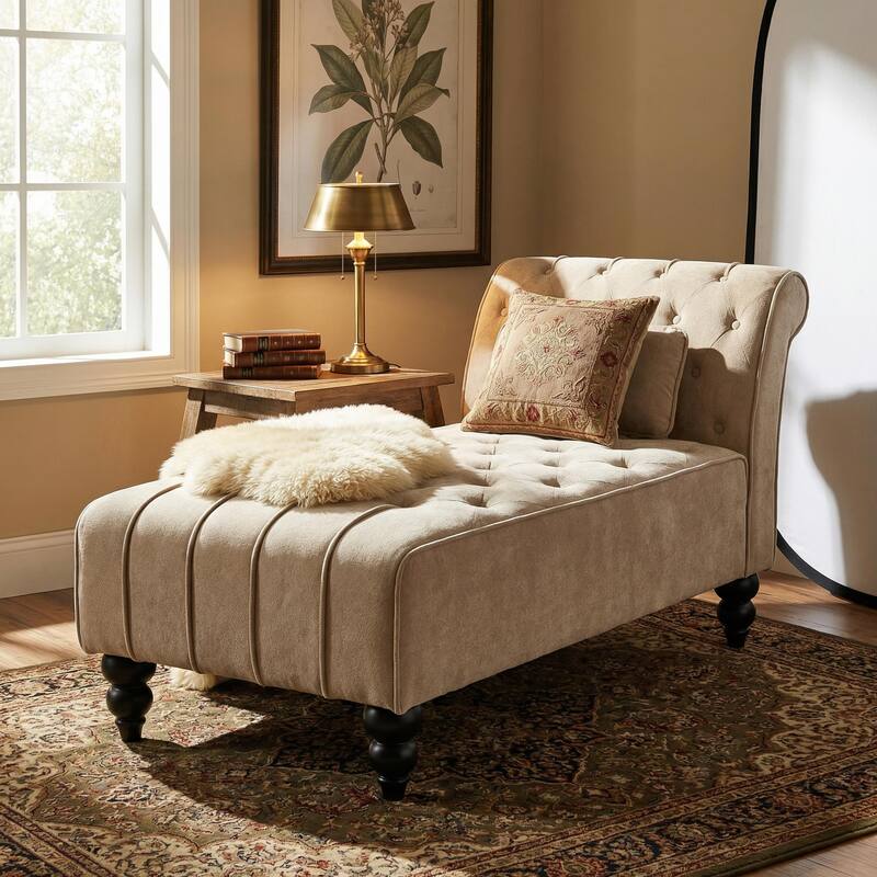 Christopher Knight Home - Classic Indoor Velvet Upholstered Button-Tufted Chaise Lounge Chair with Solid Wood Legs - 54.5"L